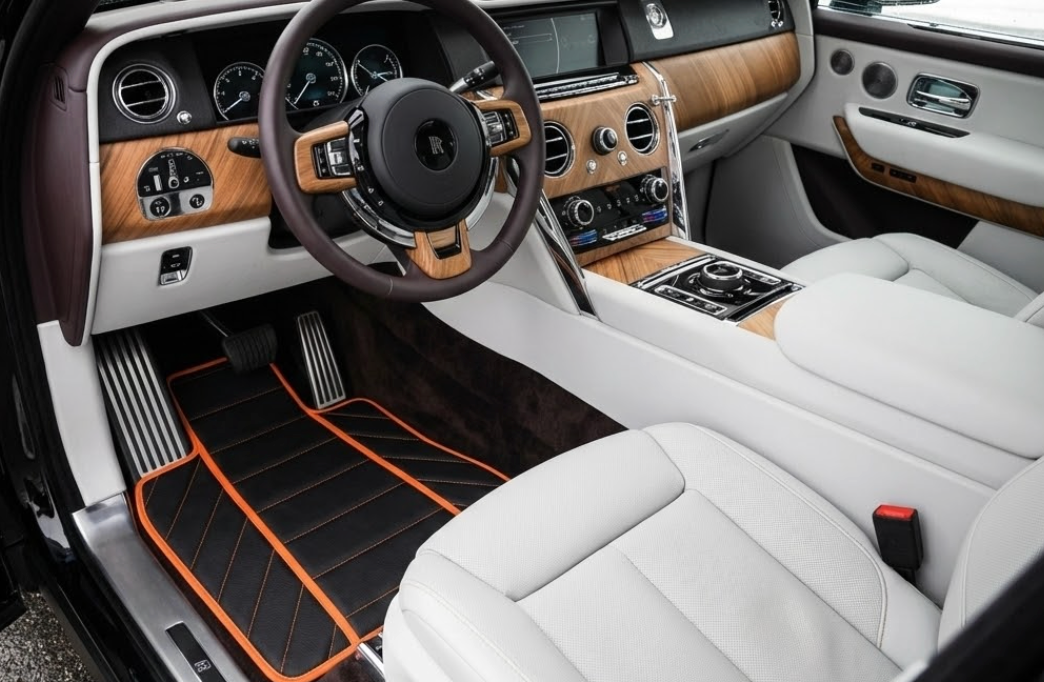Black Leather Floor Mats for Rolls Royce Cullinan (2018-2025) A1 Design | Full Set Option