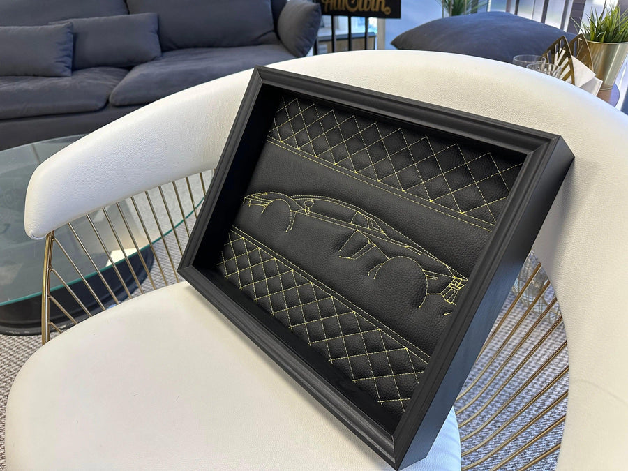 Black Leather Lamborghini Aventador Inspired Wall Art: Embroidered Yellow Stitch - AutoWin
