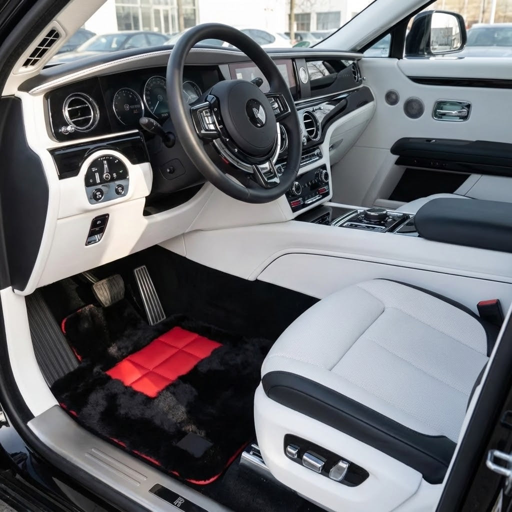 Black Sheepskin Floor Mats for Rolls Royce Spectre (2023-2024) Various Leather Colors