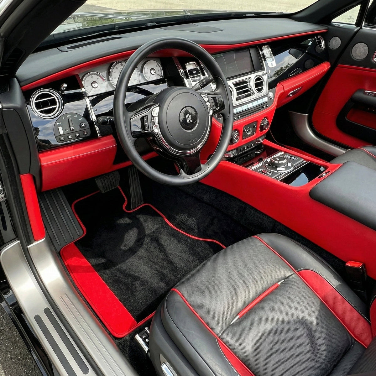 Custom Black Floor Mats for Rolls Royce Dawn (2016-2023) with Red Alcantara