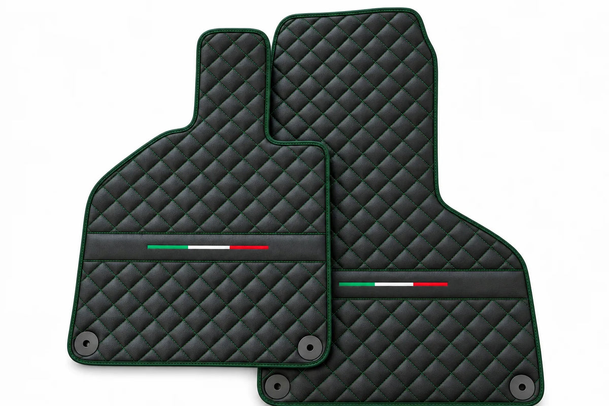 Custom Black Leather Floor Mats for Lamborghini Huracan Perfomante | Green Stitching Dark Green trim