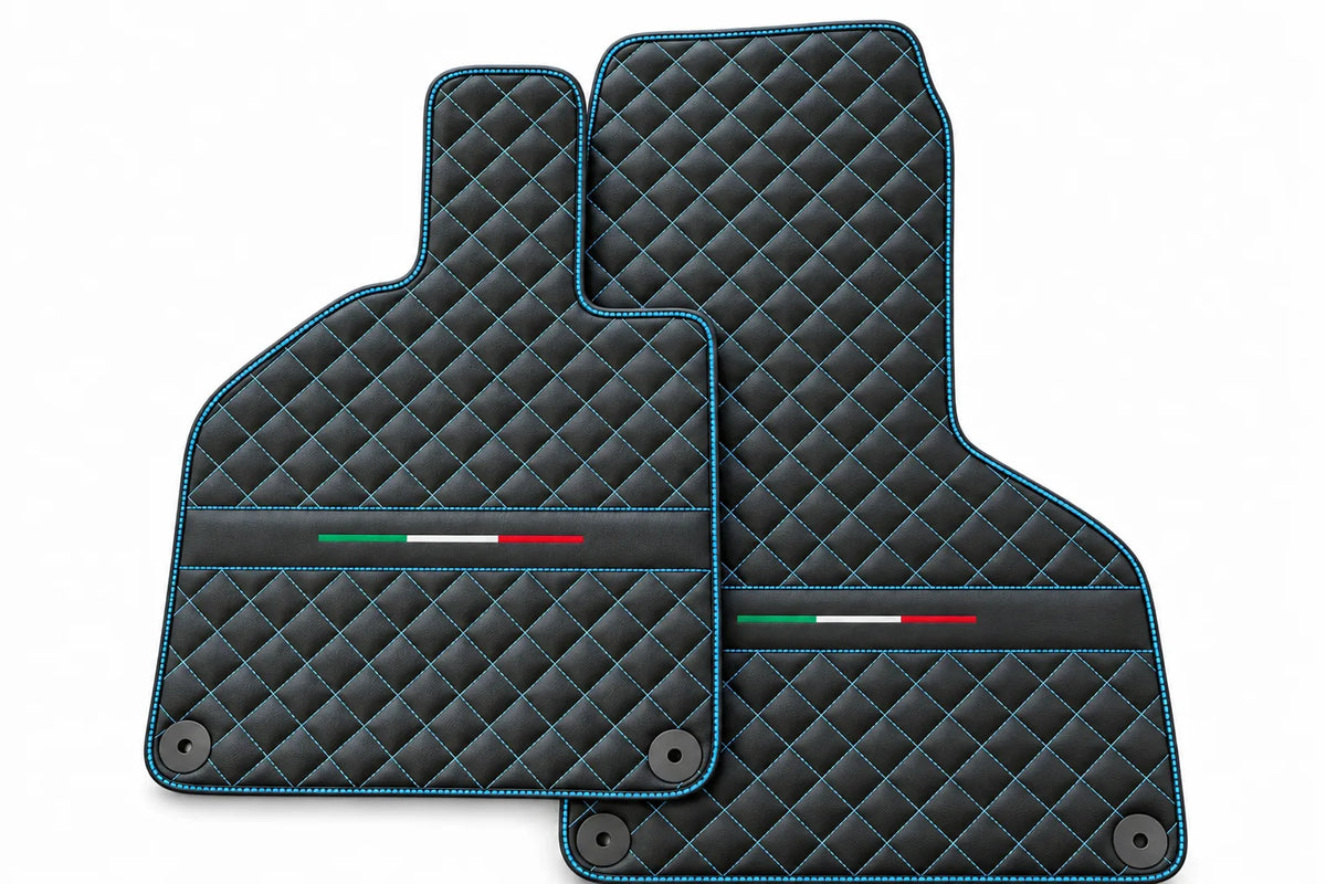 Custom Black Leather Floor Mats for Lamborghini Huracan Perfomante | Green Stitching Light Blue trim