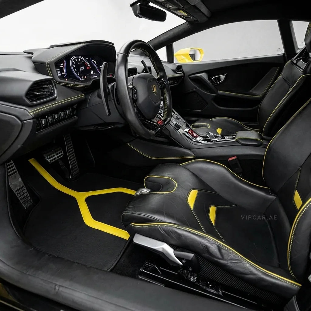 Customizable Floor Mats From Carpet with Leather A56 Pattern for Lamborghini Huracan EVO (2019-2024) inside the vehicle