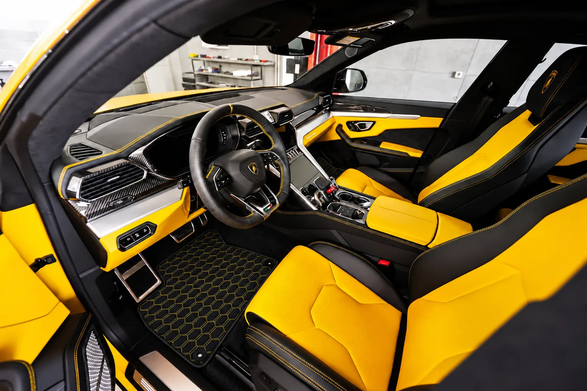 Customizable Leather Floor Mats with Interlaced Hex Pattern for Lamborghini Urus (2018-2027) inside the vehicle
