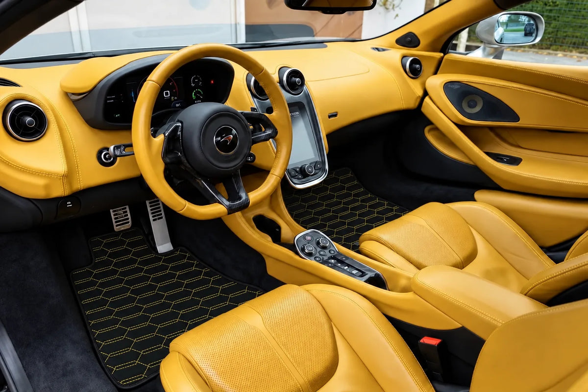 Customizable Leather Floor Mats with Interlaced Hex Pattern for McLaren 570S (2015-2021) inside the vehicle