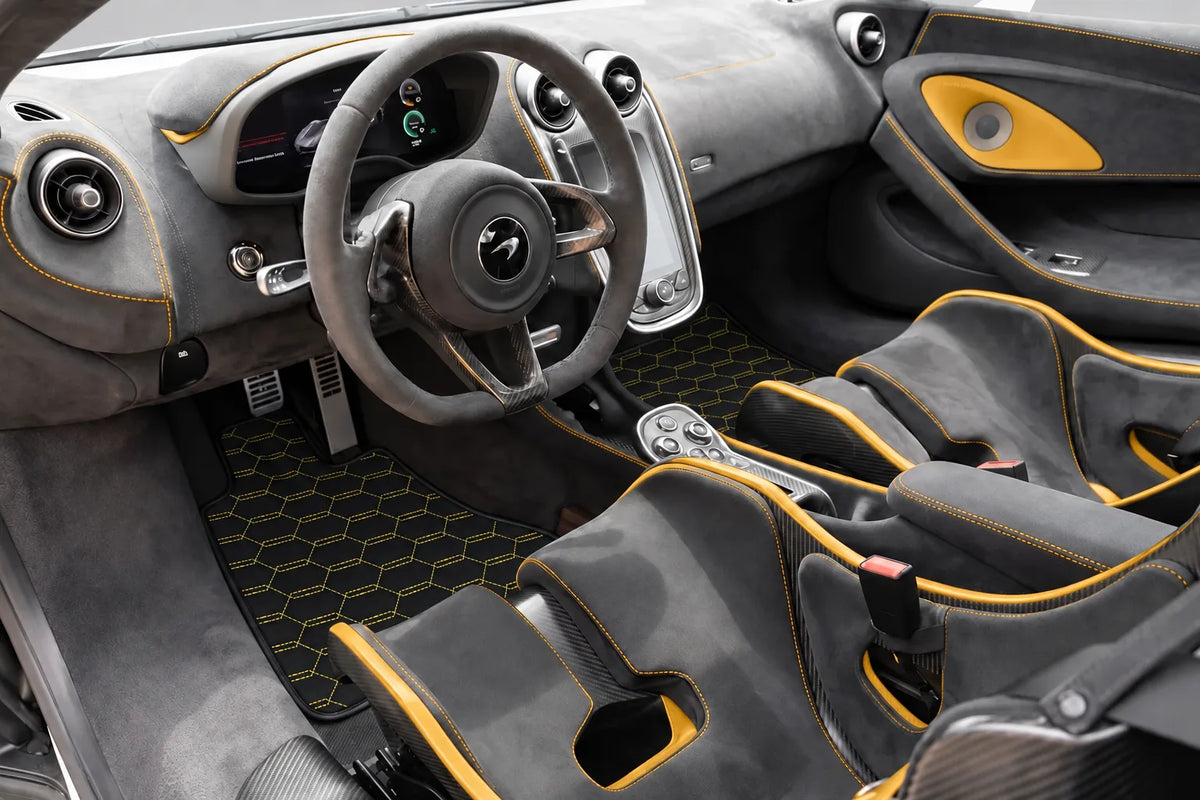 Customizable Leather Floor Mats with Interlaced Hex Pattern for McLaren 600LT (2018-2020) inside the vehicle