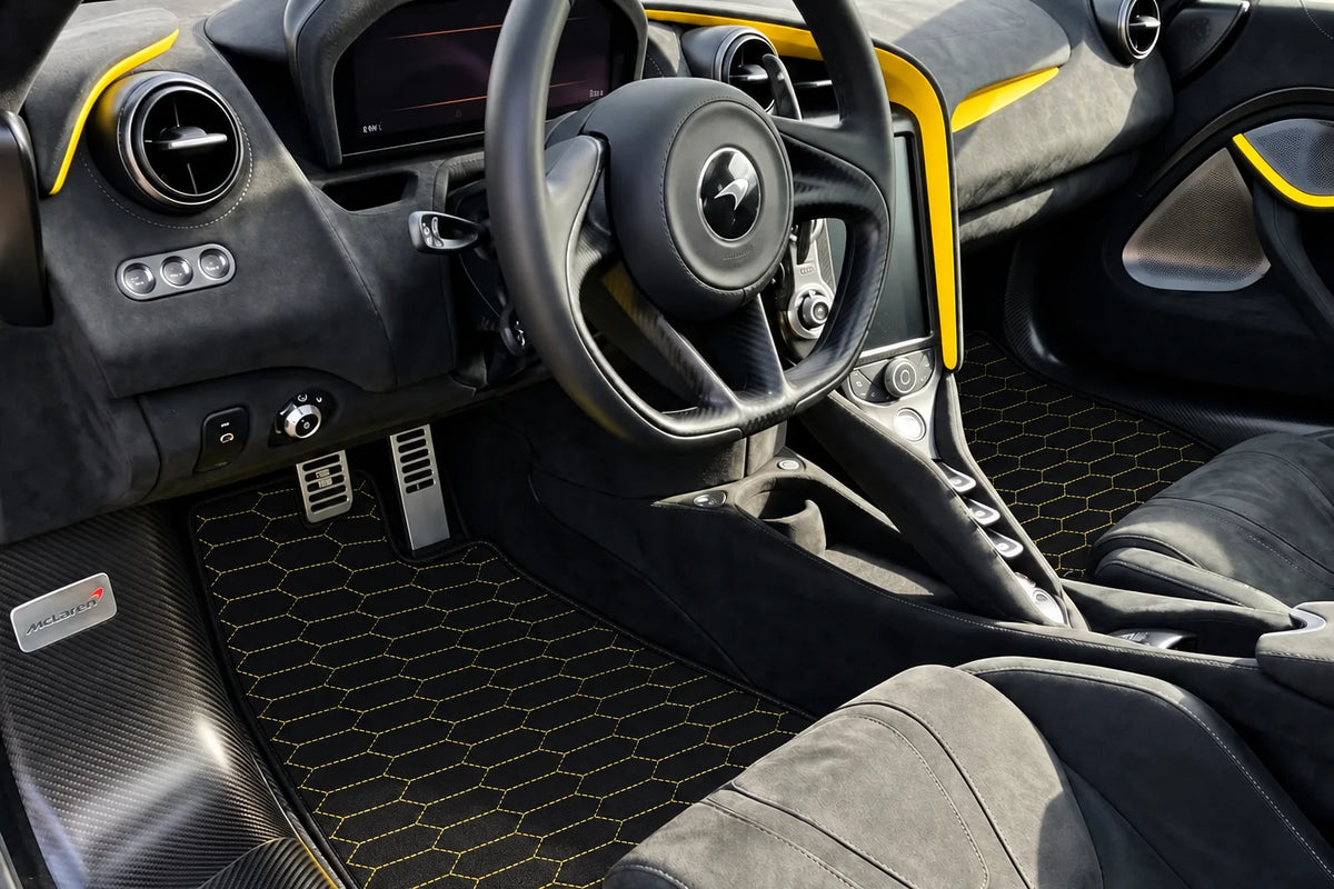 Customizable Leather Floor Mats with Raptor Hex Pattern for McLaren 750S (2023-2025) inside the vehicle