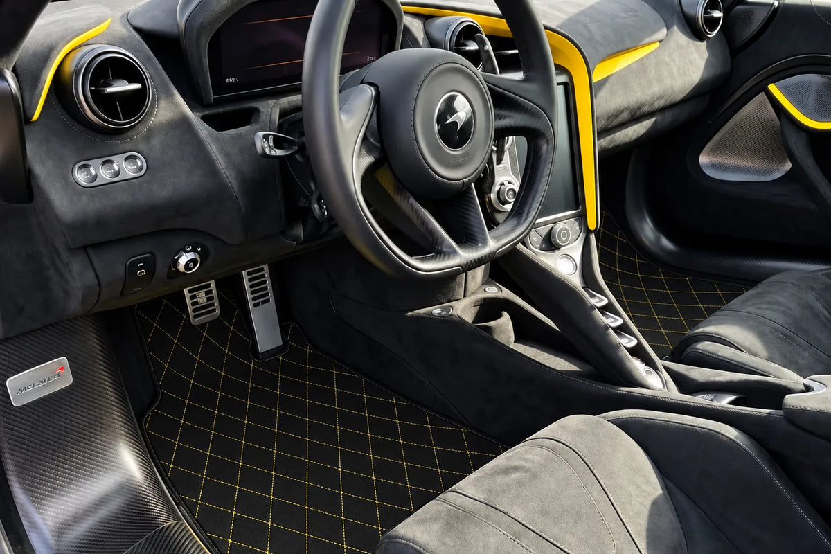Customizable Leather Floor Mats with Single Diamond Pattern for McLaren 750S (2023-2025) inside the vehicle