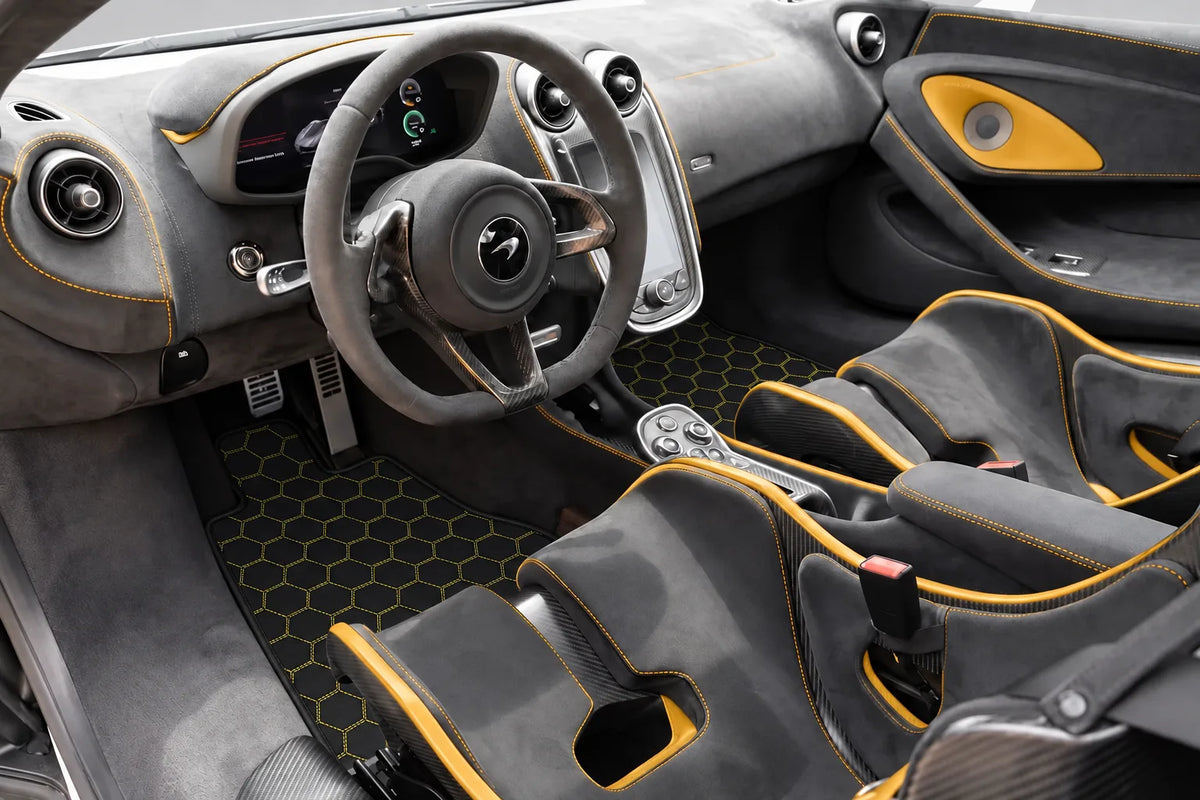 Customizable Leather Floor Mats with Symmetrical Hex Pattern for McLaren 600LT (2018-2020) inside the vehicle