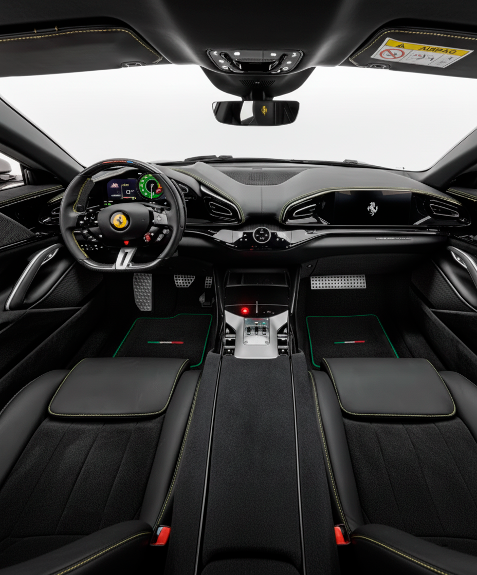Black Floor Mats for Ferrari Purosangue with Green Trim | Italian Edition