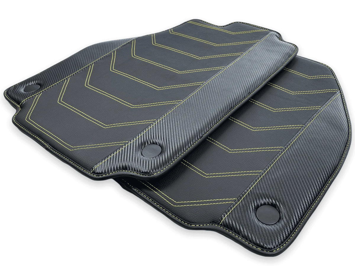 Leather Floor Mats For Ferrari 458 Italia 2009-2015 Black With Yellow Sewing - AutoWin