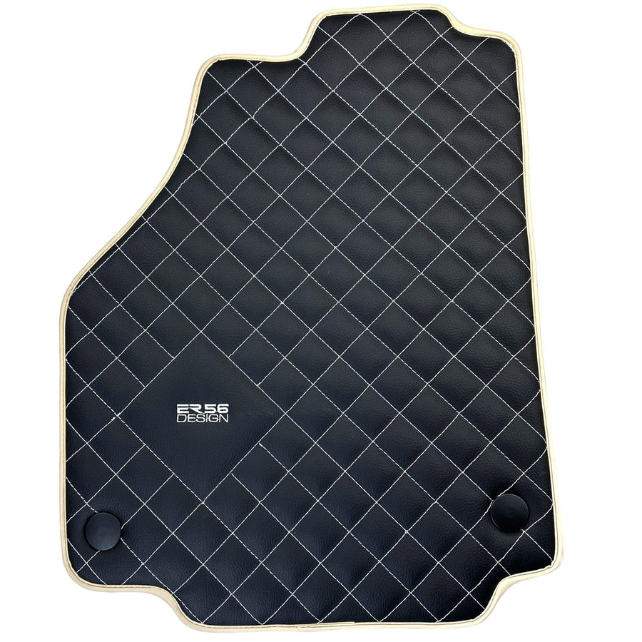 Leather Floor Mats for Ferrari 488 Spider 2015-2022 with White Sewing ER56 Design | Beige Trim - AutoWin
