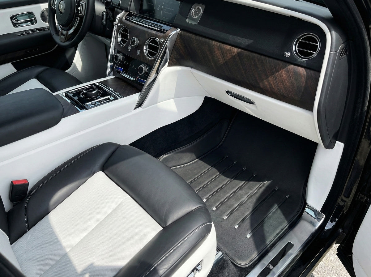 Interior look of floor mats for Leather Floor Mats For Rolls Royce Black Badge Cullinan Rr31 2018-2025 Black