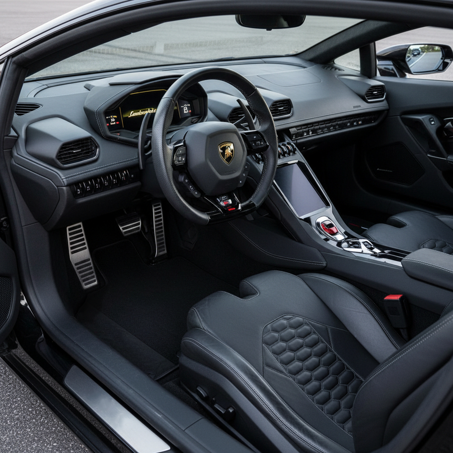 Schwarze Fußmatten für Lamborghini Huracan STO mit schwarzem Alcantara-Leder