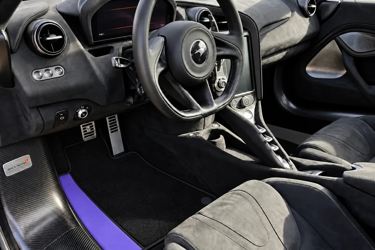 Purple Leather Black Floor Mats for McLaren 750S (2023-2025) | Black Trim inside the vehicle