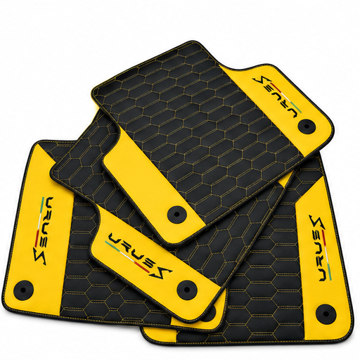 Black Leather Floor Mats For Lamborghini Urus S With Yellow Nappa Leather