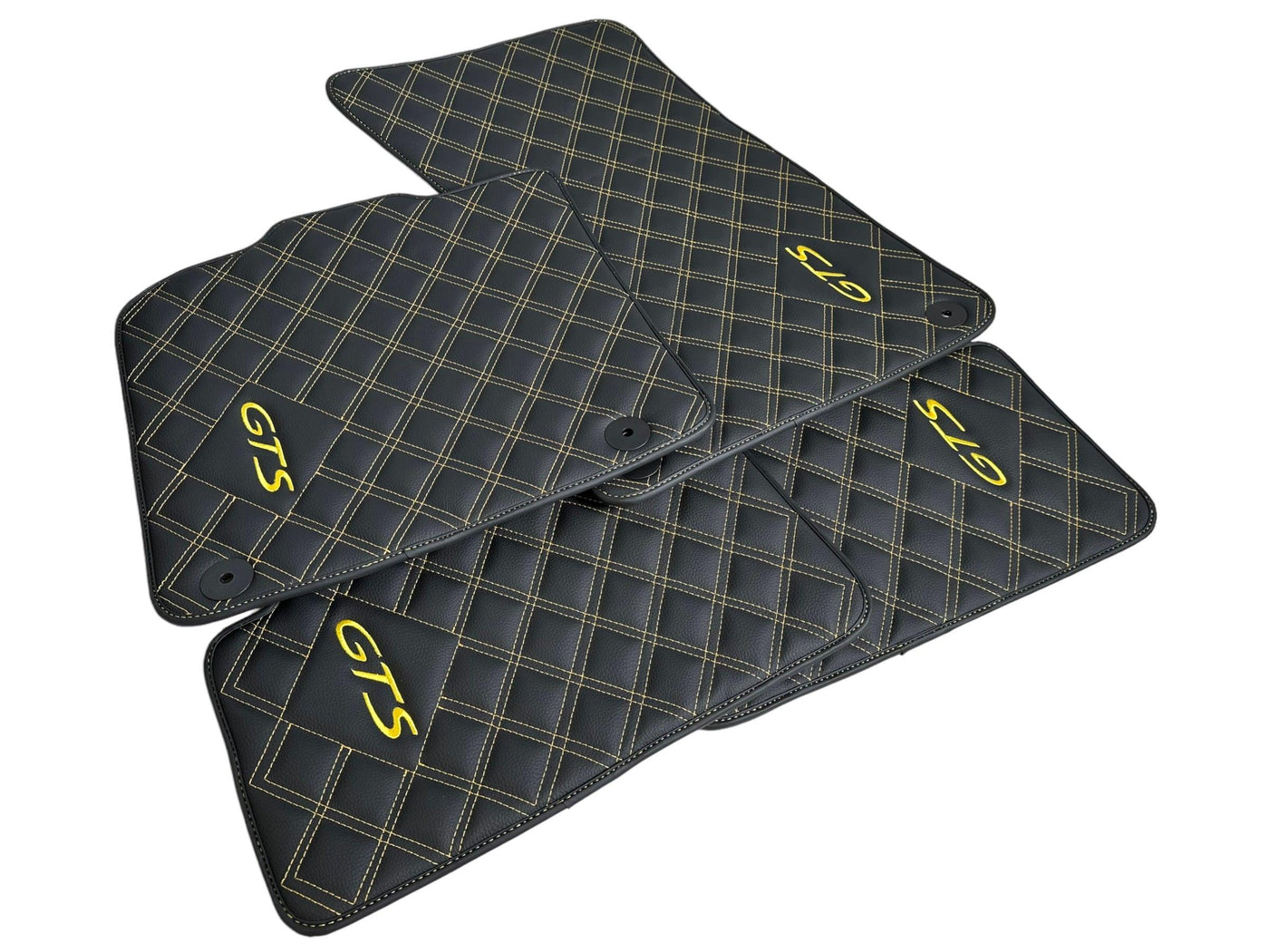 Black Leather Floor Mats for Porsche Macan GTS Yellow Sewing - AutoWin