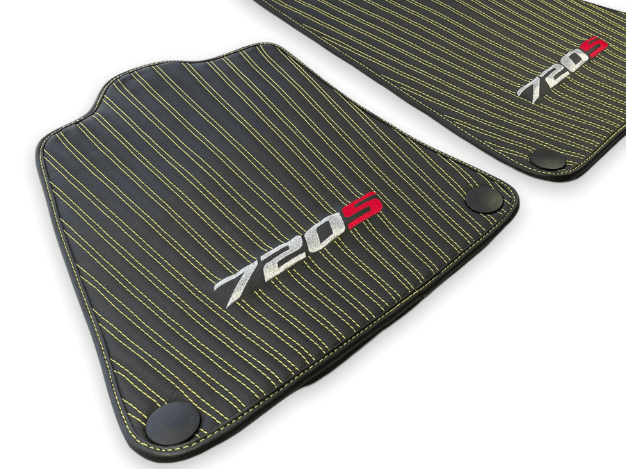 Leather Floor Mats For McLaren 720S Black Tailored Yellow Sewing - AutoWin